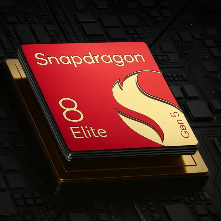 Qualcomm Snapdragon 8 Elite Gen 5 processor chip in red and gold design on a black circuit board background