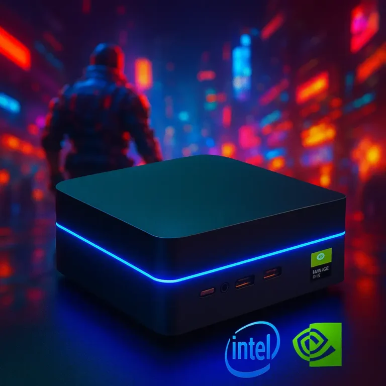 Yohris mini gaming PC with blue LED lighting, placed in front of a cyberpunk gaming background, featuring glowing Intel and Nvidia logos.