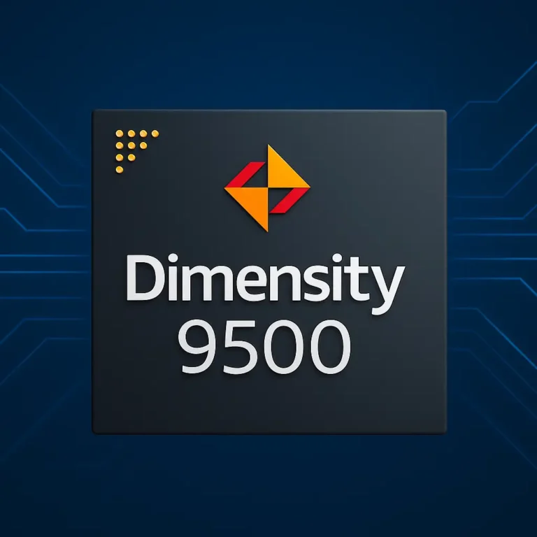 MediaTek Dimensity 9500 processor chip with logo and model name on a dark blue futuristic background with glowing circuit lines.