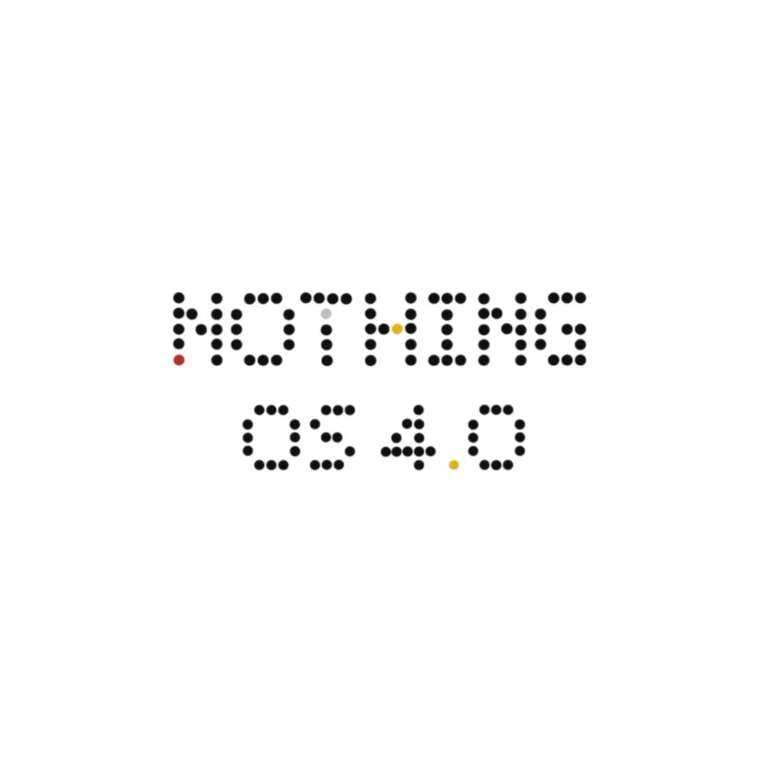 Dot matrix style text displaying NOTHING OS 4.0 with black dots and subtle red and yellow accents on a clean white background.