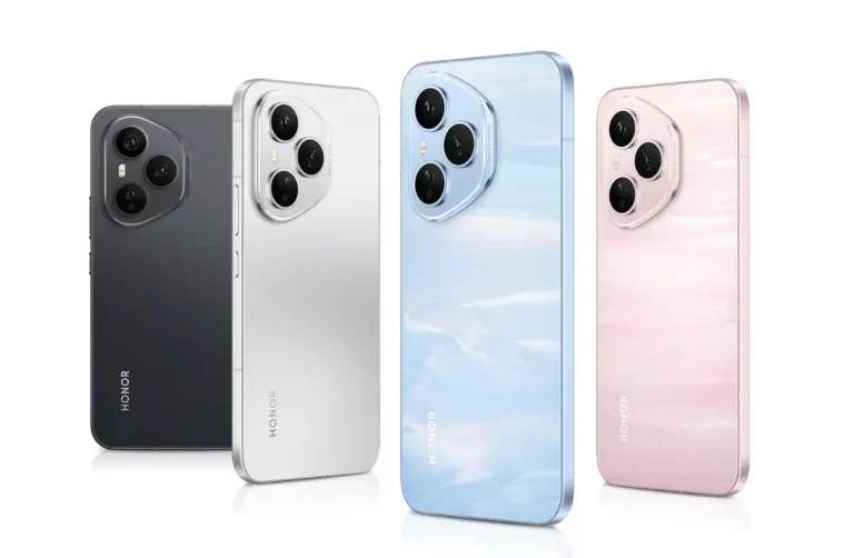 Honor 400 Pro smartphone design showing multiple color variants including black, silver, blue, and pink"
