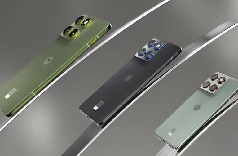Motorola Edge 70 smartphones shown in green, black, and silver colors featuring triple rear camera design and sleek flat frames.