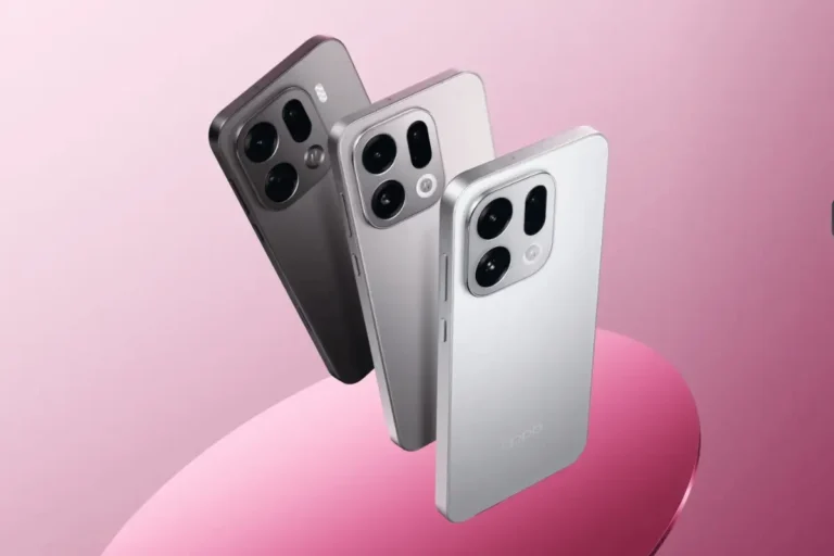 Oppo Find X9 smartphones in silver and gray colors showing dual rear camera design on pink background