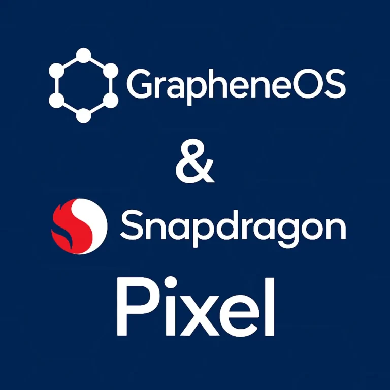 GrapheneOS and Snapdragon partnership concept with Pixel reference on a dark blue background, representing secure Android collaboration.