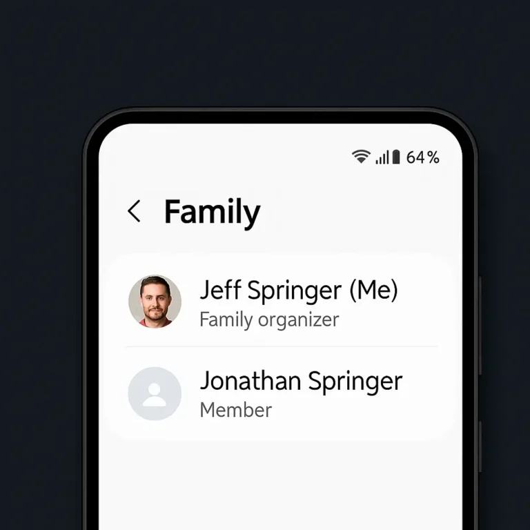 Samsung-Smartphone zeigt die neue Familien-Sharing-Funktion in One UI 8.5 mit verbundenen Familienmitgliedern