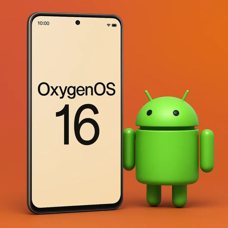 3D Android robot standing beside a OnePlus smartphone showing OxygenOS 16 interface on a red-orange gradient background