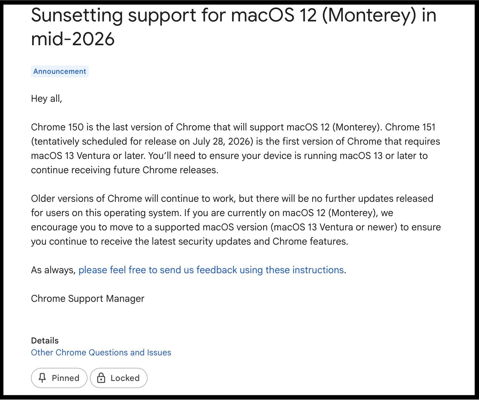 أجهزة ماك لن تتلقى تحديثات كروم بدءًا من يوليو 1 التوقف عن دعم macOS Monterey